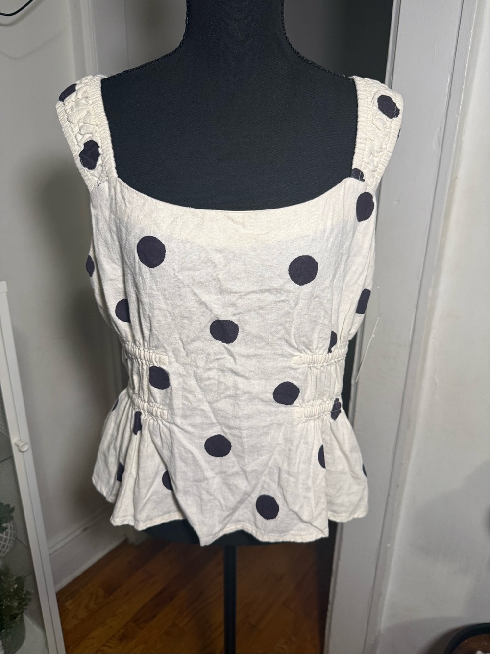 Women's Cream Polka Dot Square Neck Peplum Tank Top